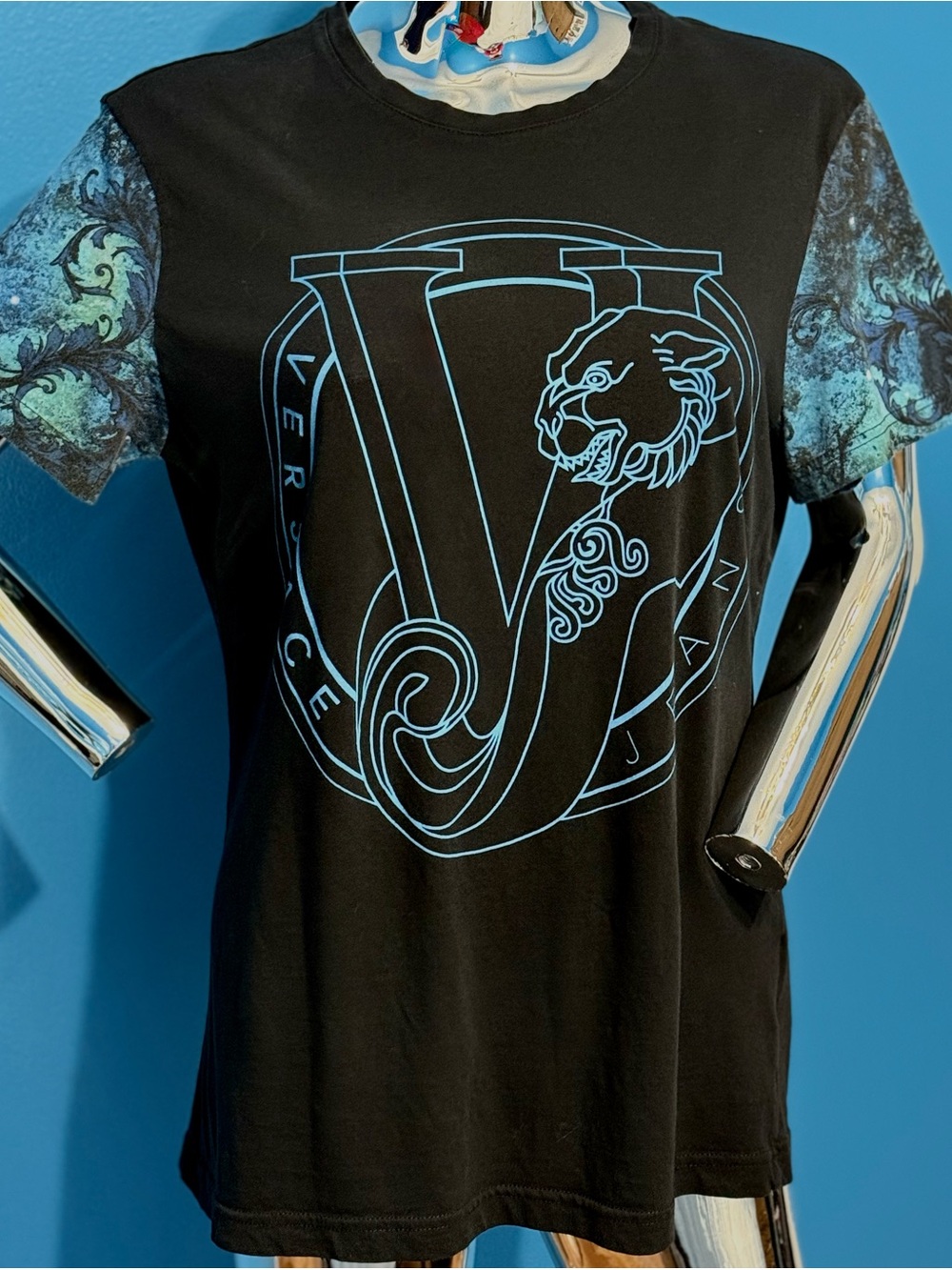Versace Jeans Collection Black Tee with Light Blue Logo & Patterned Blue Sleeves